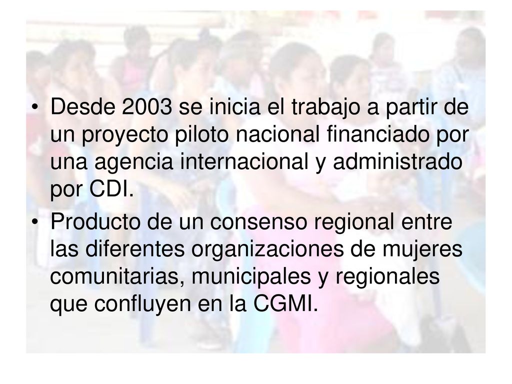 Antecedentes Desde 2003 se inicia el trabajo a partir de un proyecto piloto nacional financiado por una agencia internacional y administrado por CDI.