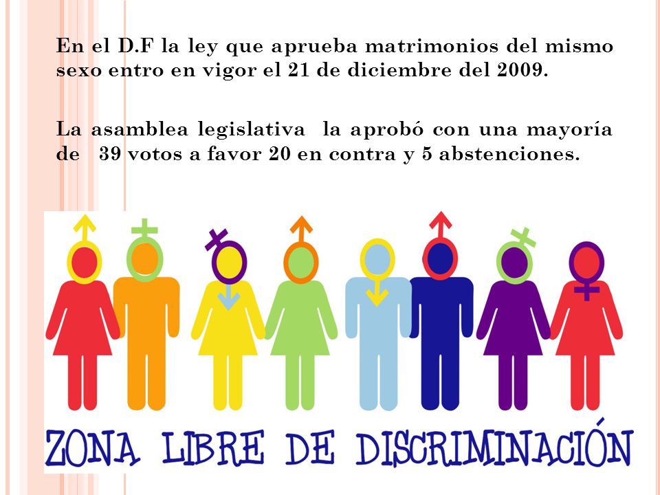 En el D.F la ley que aprueba matrimonios del mismo sexo entro en vigor el 21 de diciembre del 2009.