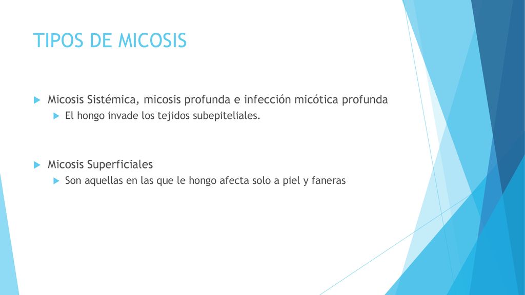TIPOS DE MICOSIS Micosis Sistémica, micosis profunda e infección micótica profunda. El hongo invade los tejidos subepiteliales.