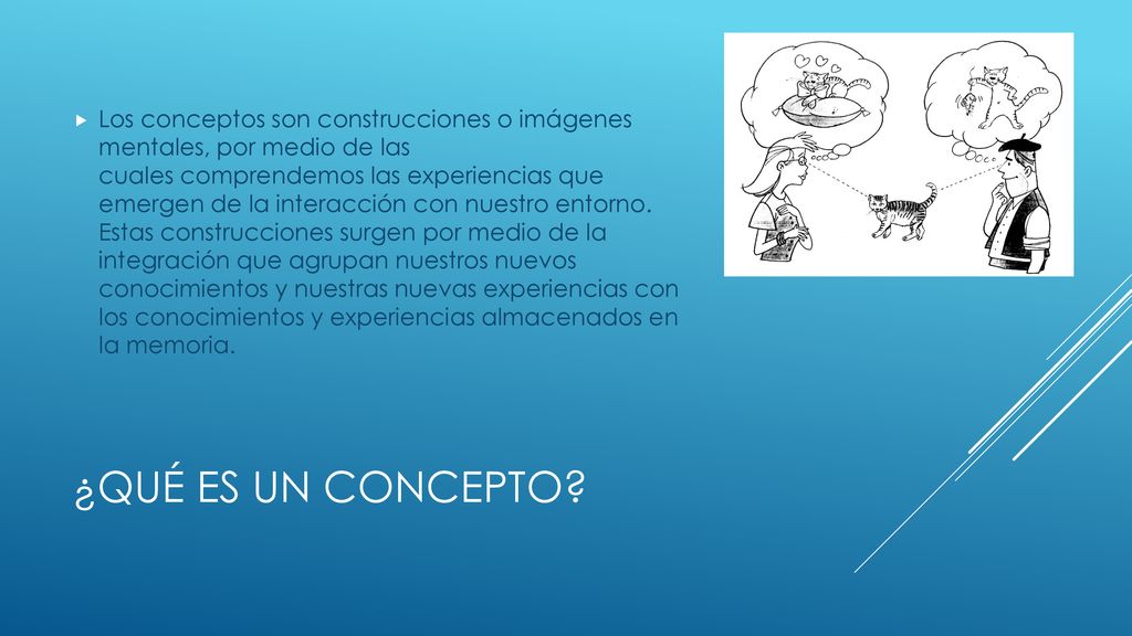 Los conceptos son construcciones o imágenes mentales, por medio de las cuales comprendemos las experiencias que emergen de la interacción con nuestro entorno. Estas construcciones surgen por medio de la integración que agrupan nuestros nuevos conocimientos y nuestras nuevas experiencias con los conocimientos y experiencias almacenados en la memoria.