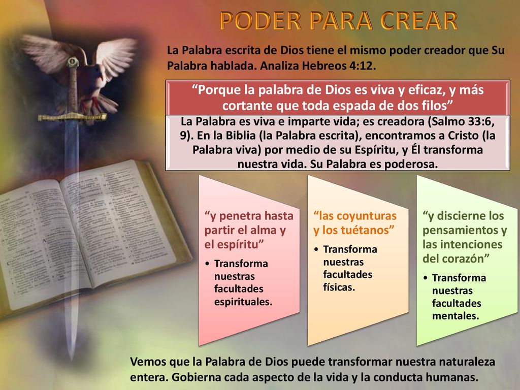 PODER PARA CREAR La Palabra escrita de Dios tiene el mismo poder creador que Su Palabra hablada. Analiza Hebreos 4:12.