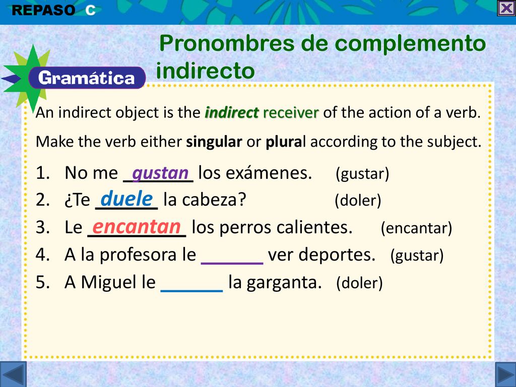 No me gustan los exámenes. (gustar) ¿Te duele la cabeza (doler)