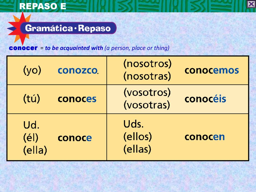 REPASO E conocer = to be acquainted with (a person, place or thing)