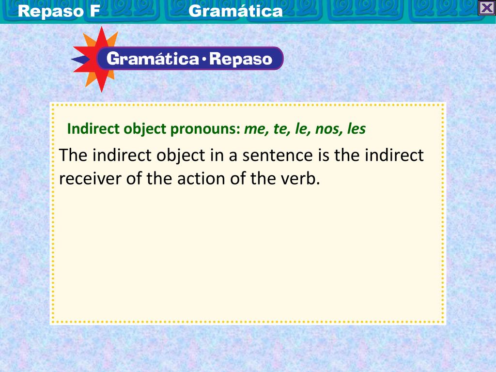 Repaso F Gramática Indirect object pronouns: me, te, le, nos, les.