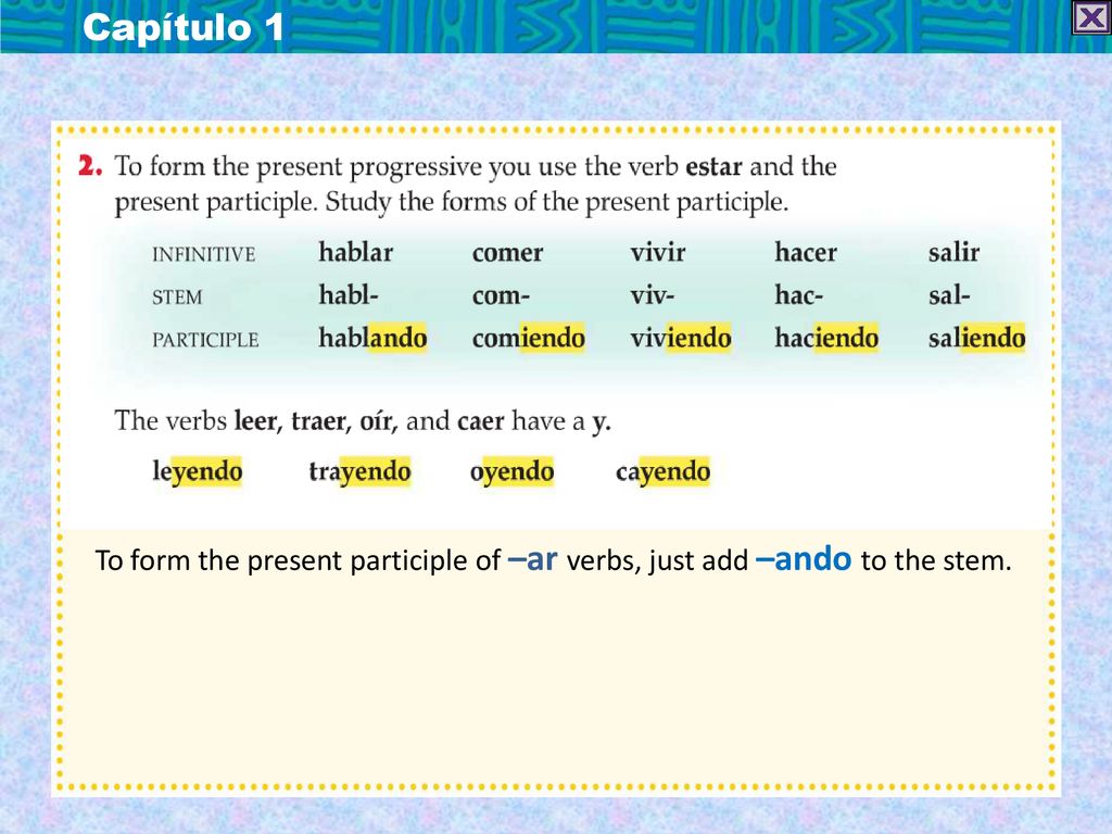 Capítulo 1 To form the present participle of –ar verbs, just add –ando to the stem.