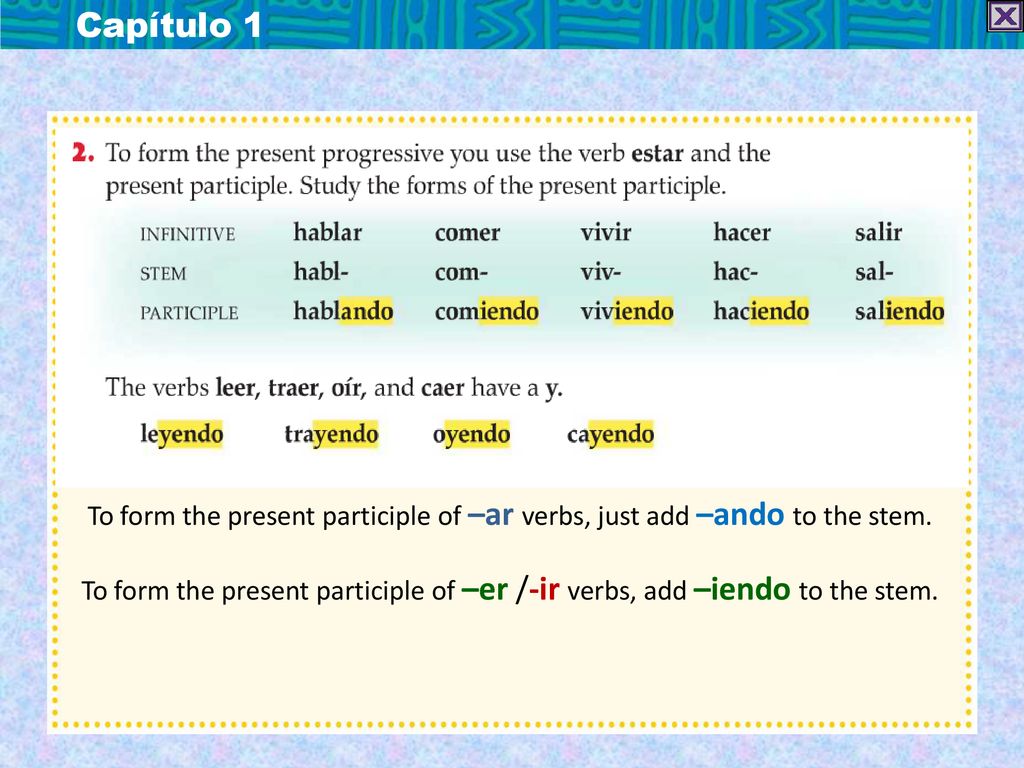 Capítulo 1 To form the present participle of –ar verbs, just add –ando to the stem.