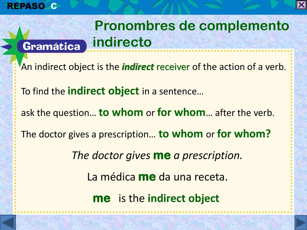La médica me da una receta. me is the indirect object
