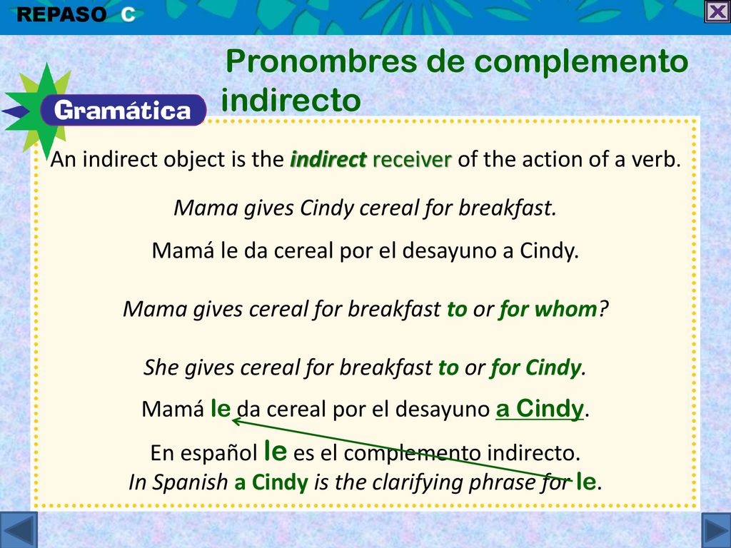 An indirect object is the indirect receiver of the action of a verb.