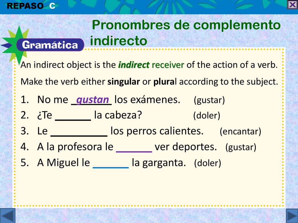 No me gustan los exámenes. (gustar) ¿Te la cabeza (doler)