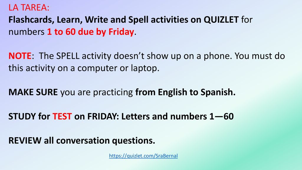 Flashcards, Learn, Write and Spell activities on QUIZLET for