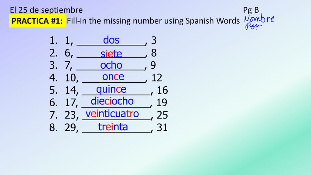 1, ____________, 3 6, ____________, 8 7, ____________, 9