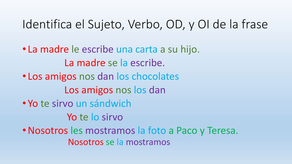 Identifica el Sujeto, Verbo, OD, y OI de la frase