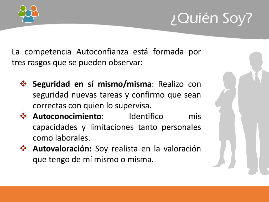 ¿Quién Soy La competencia Autoconfianza está formada por tres rasgos que se pueden observar: