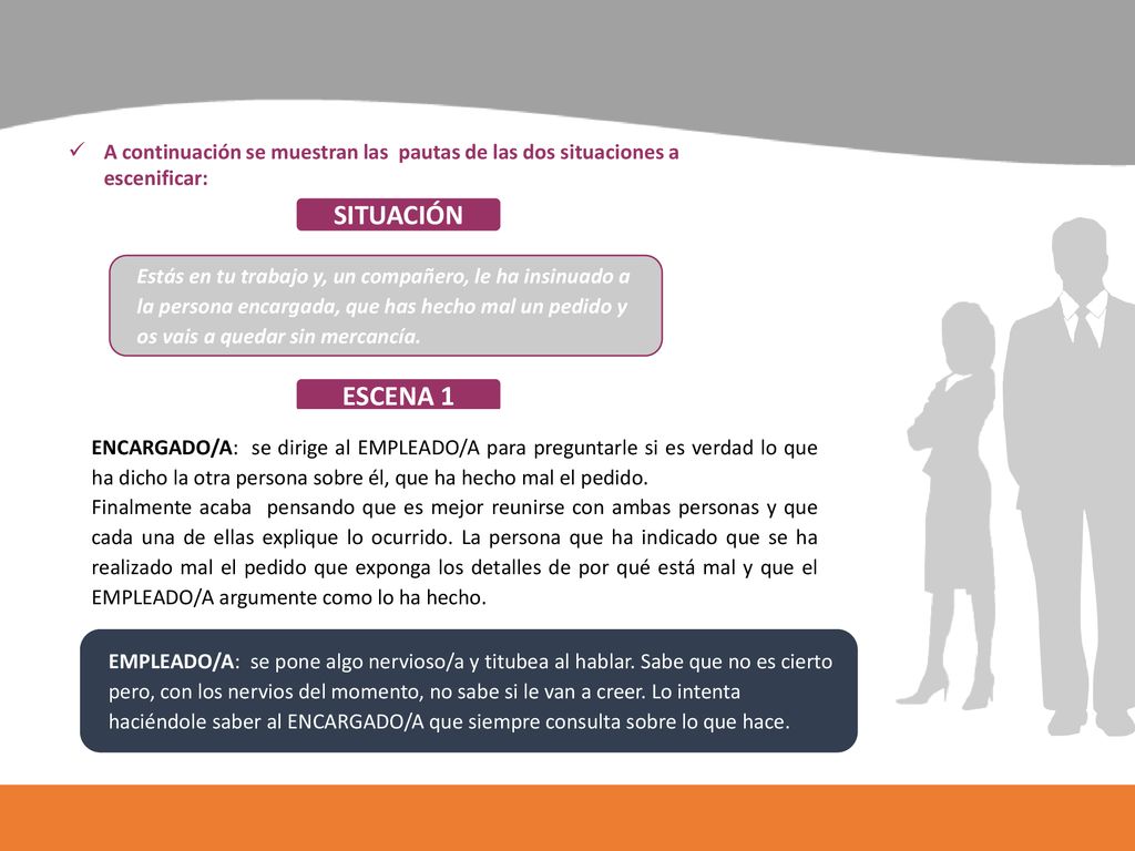 A continuación se muestran las pautas de las dos situaciones a escenificar: