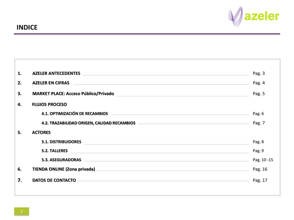 INDICE 7. DATOS DE CONTACTO Pag AZELER ANTECEDENTES Pag. 3