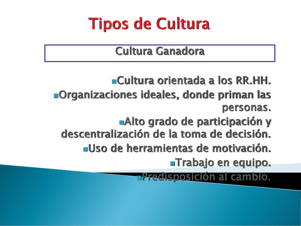 Tipos de Cultura Cultura Ganadora Cultura orientada a los RR.HH.