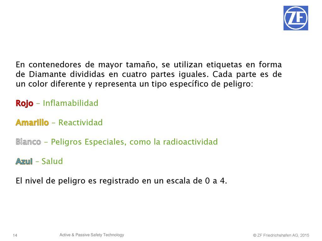 En contenedores de mayor tamaño, se utilizan etiquetas en forma de Diamante divididas en cuatro partes iguales. Cada parte es de un color diferente y representa un tipo específico de peligro: