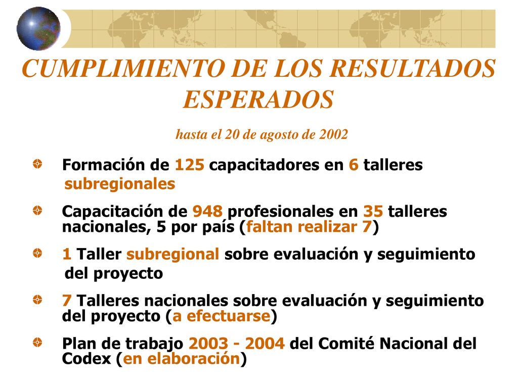 CUMPLIMIENTO DE LOS RESULTADOS ESPERADOS hasta el 20 de agosto de 2002