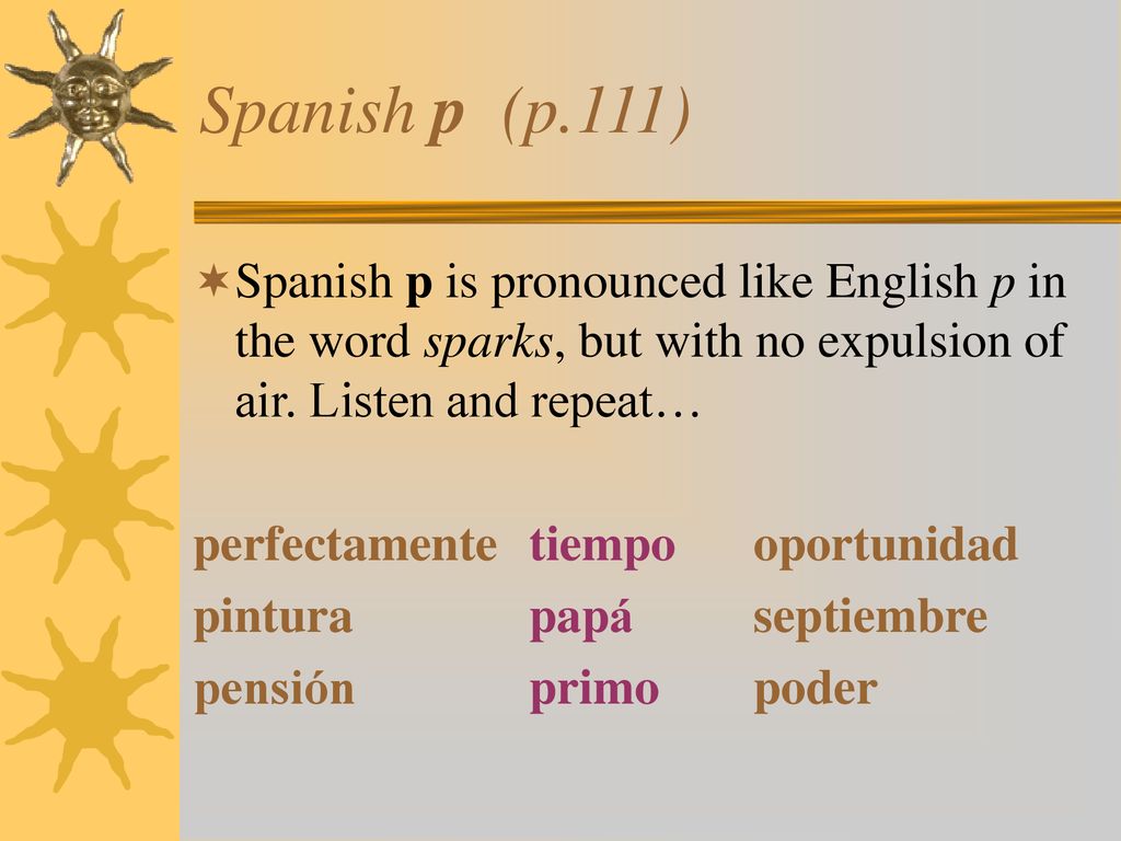 Spanish p (p.111) Spanish p is pronounced like English p in the word sparks, but with no expulsion of air. Listen and repeat…