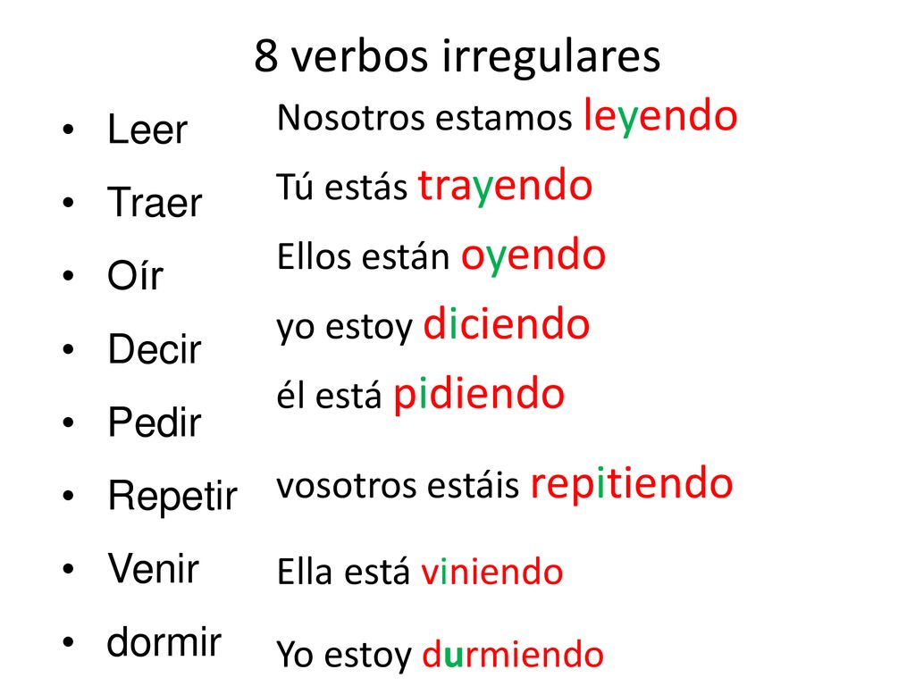 8 verbos irregulares Nosotros estamos leyendo Leer Tú estás trayendo