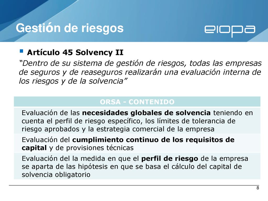 14 September, 2018 Gestión de riesgos. Artículo 45 Solvency II.