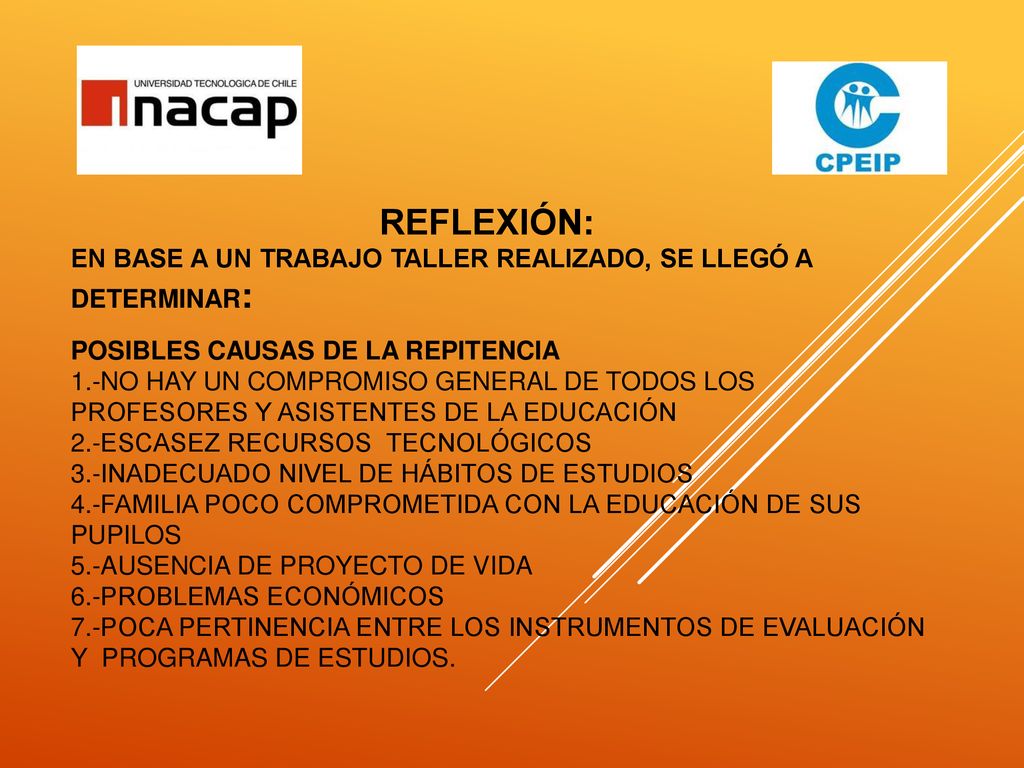 Reflexión: En base a un trabajo taller realizado, se llegó a determinar: POSIBLES CAUSAS DE LA REPITENCIA 1.-No hay un compromiso general de todos los profesores y asistentes de la educación 2.-Escasez recursos tecnológicos 3.-Inadecuado nivel de hábitos de estudios 4.-Familia poco comprometida con la educación de sus pupilos 5.-Ausencia de proyecto de vida 6.-Problemas económicos 7.-Poca pertinencia entre los instrumentos de evaluación y programas de estudios.
