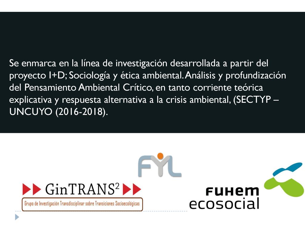 Se enmarca en la línea de investigación desarrollada a partir del proyecto I+D; Sociología y ética ambiental.