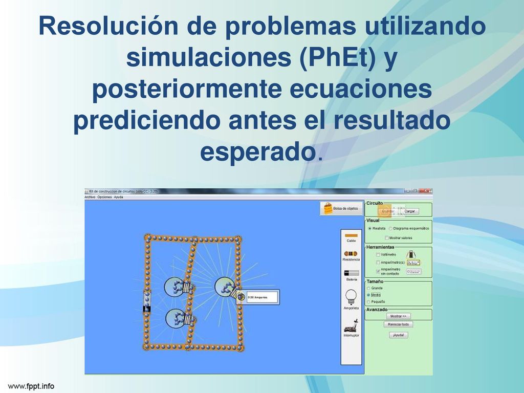Resolución de problemas utilizando simulaciones (PhEt) y posteriormente ecuaciones prediciendo antes el resultado esperado.