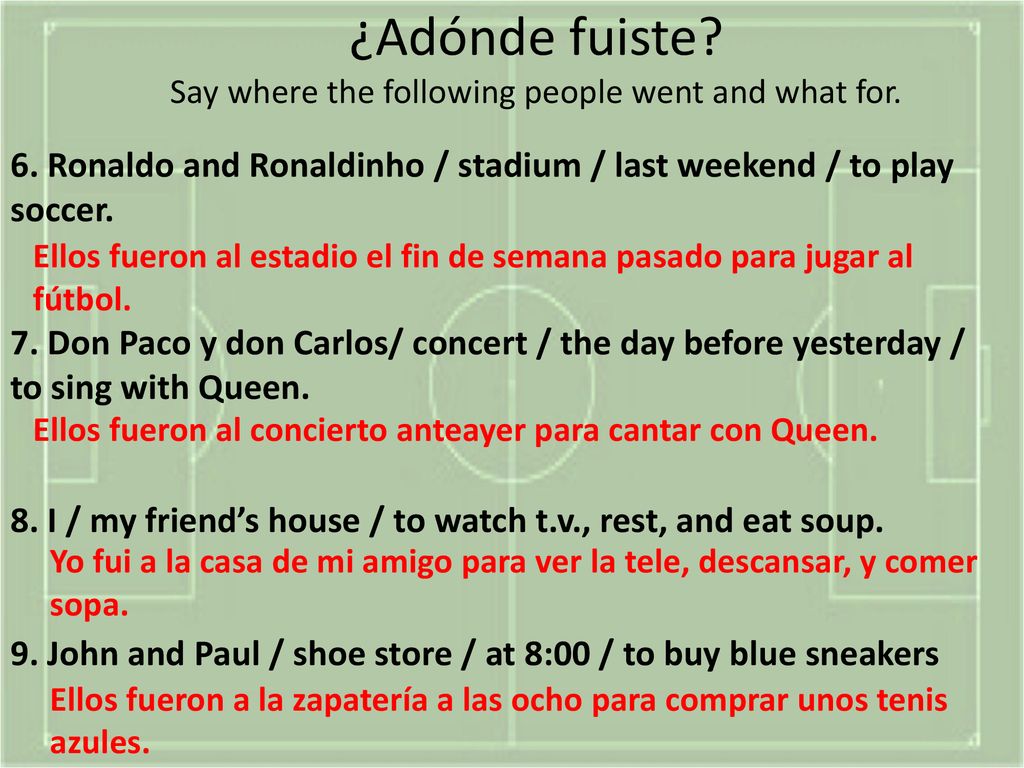 ¿Adónde fuiste Say where the following people went and what for.