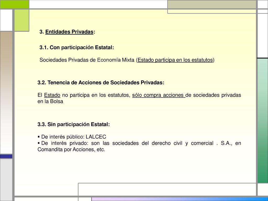 3. Entidades Privadas: 3.1. Con participación Estatal: Sociedades Privadas de Economía Mixta (Estado participa en los estatutos)