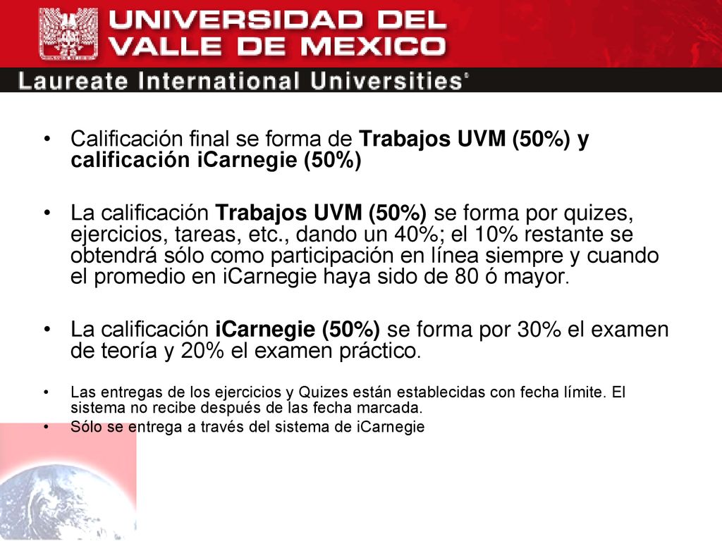 Calificación final se forma de Trabajos UVM (50%) y calificación iCarnegie (50%)