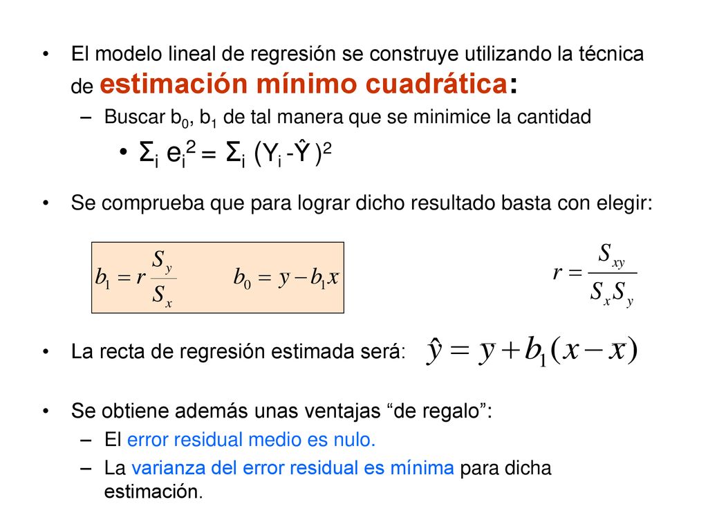 El modelo lineal de regresión se construye utilizando la técnica de estimación mínimo cuadrática: