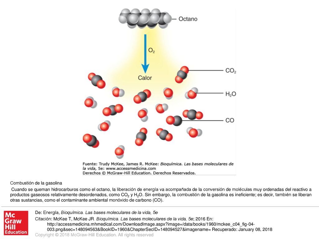 Cuando se queman hidrocarburos como el octano, la liberación de energía va acompañada de la conversión de moléculas muy ordenadas del reactivo a productos gaseosos relativamente desordenados, como CO2 y H2O. Sin embargo, la combustión de la gasolina es ineficiente; es decir, también se liberan otras sustancias, como el contaminante ambiental monóxido de carbono (CO).