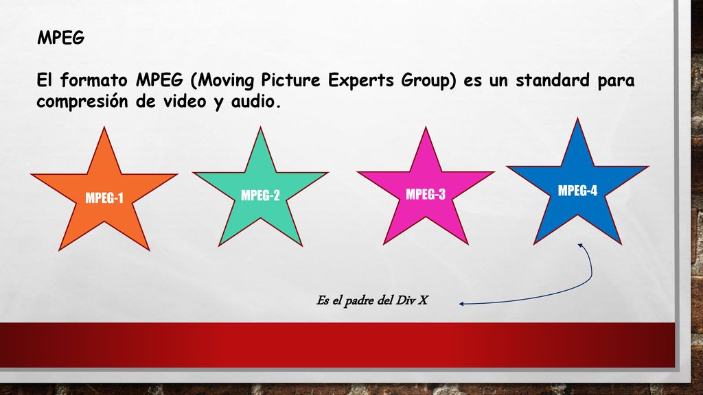 MPEG El formato MPEG (Moving Picture Experts Group) es un standard para compresión de video y audio.
