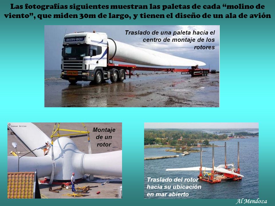 Las fotografías siguientes muestran las paletas de cada molino de viento , que miden 30m de largo, y tienen el diseño de un ala de avión