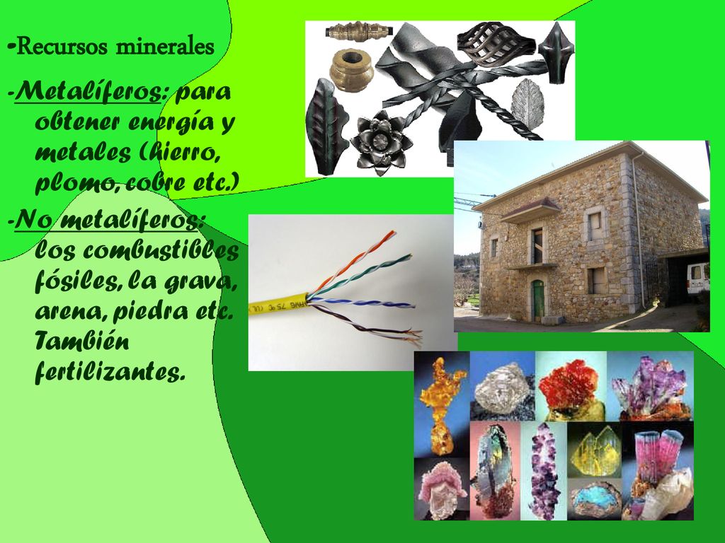 -Recursos minerales -Metalíferos: para obtener energía y metales (hierro, plomo, cobre etc.)