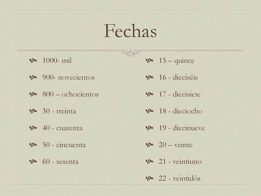 Fechas mil 15 – quince 900- novecientos 16 - dieciséis