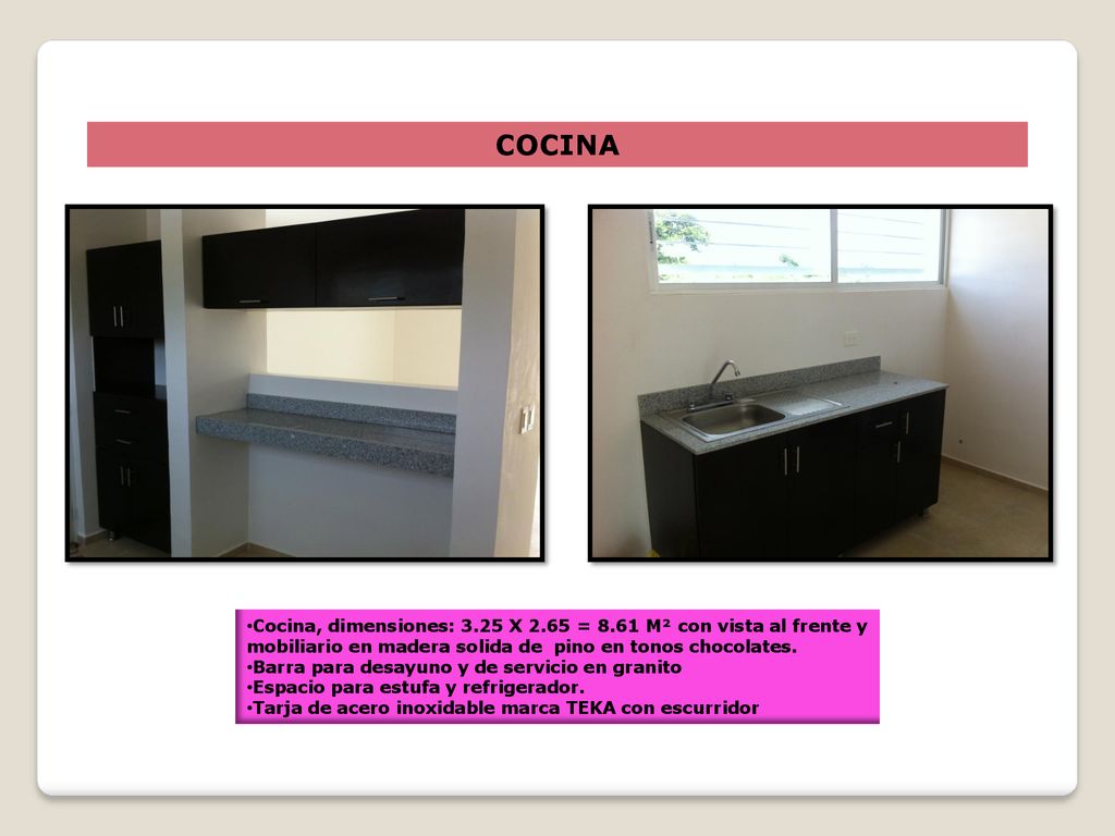 COCINA Cocina, dimensiones: 3.25 X 2.65 = 8.61 M² con vista al frente y mobiliario en madera solida de pino en tonos chocolates.
