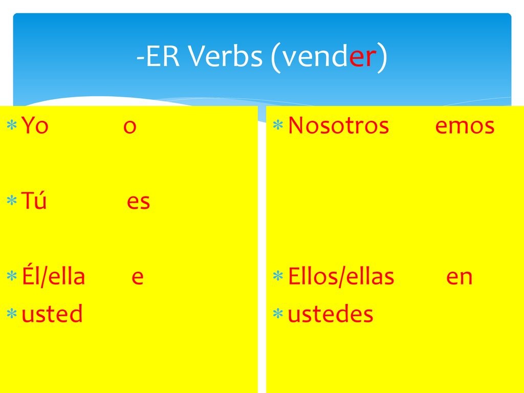 -ER Verbs (vender) Yo o Tú es Él/ella e usted Nosotros emos