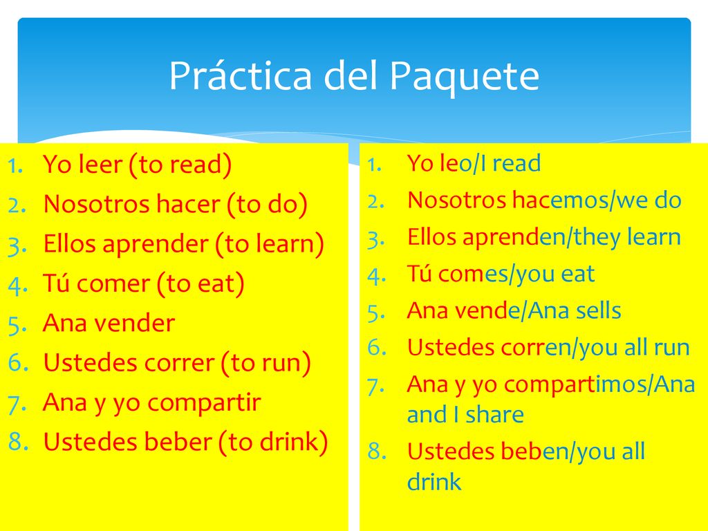 Práctica del Paquete Yo leer (to read) Nosotros hacer (to do)