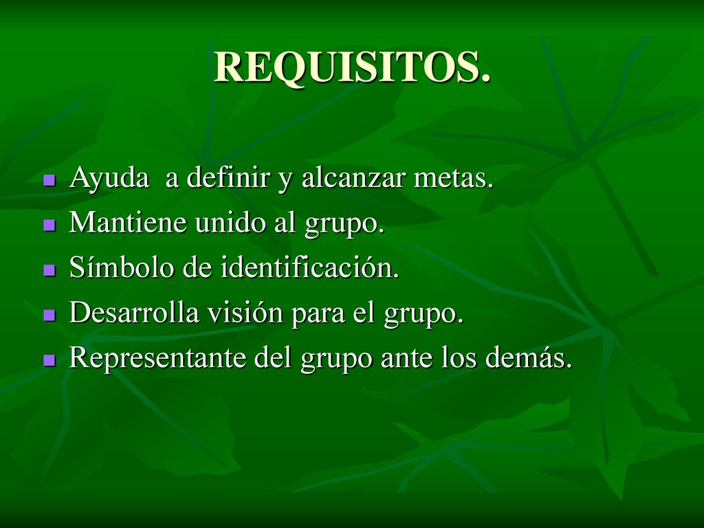REQUISITOS. Ayuda a definir y alcanzar metas. Mantiene unido al grupo.