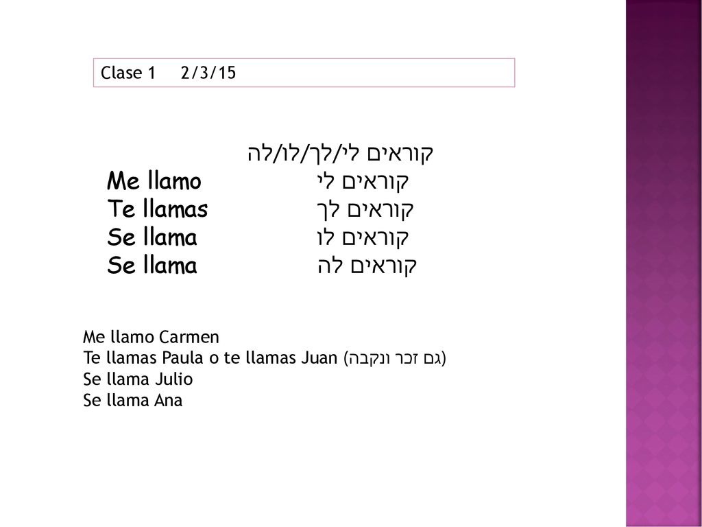 קוראים לי/לך/לו/לה Me llamo קוראים לי Te llamas קוראים לך