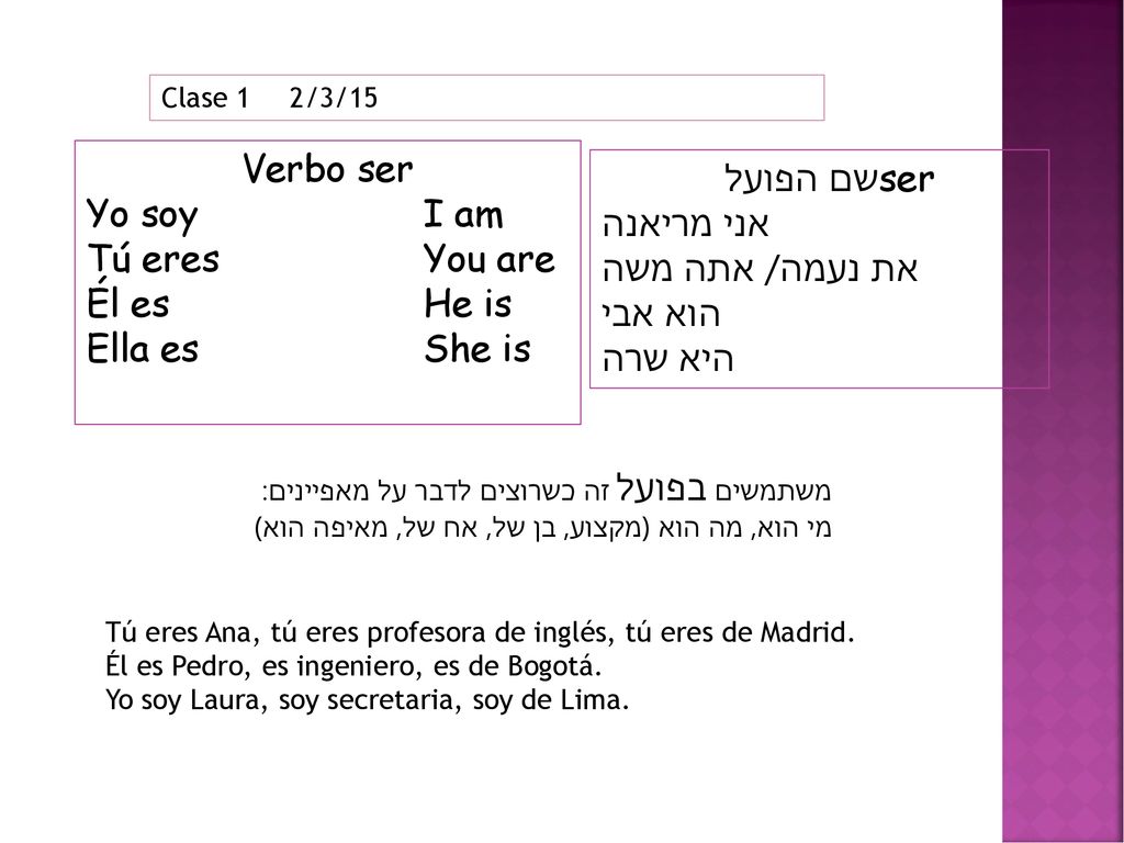 Verbo ser שם הפועל ser Yo soy I am אני מריאנה Tú eres You are