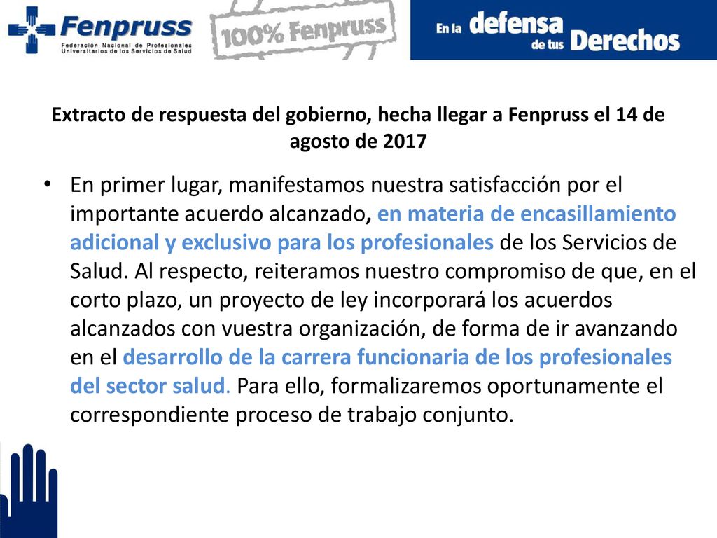 Extracto de respuesta del gobierno, hecha llegar a Fenpruss el 14 de agosto de 2017