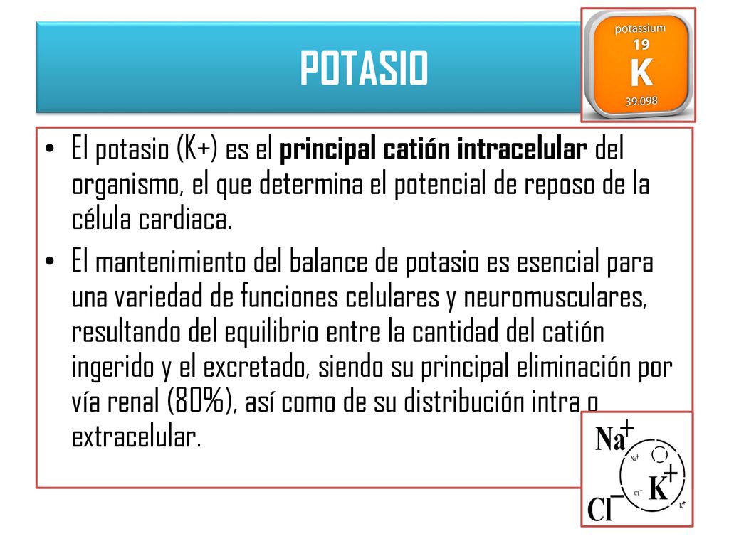 POTASIO El potasio (K+) es el principal catión intracelular del organismo, el que determina el potencial de reposo de la célula cardiaca.
