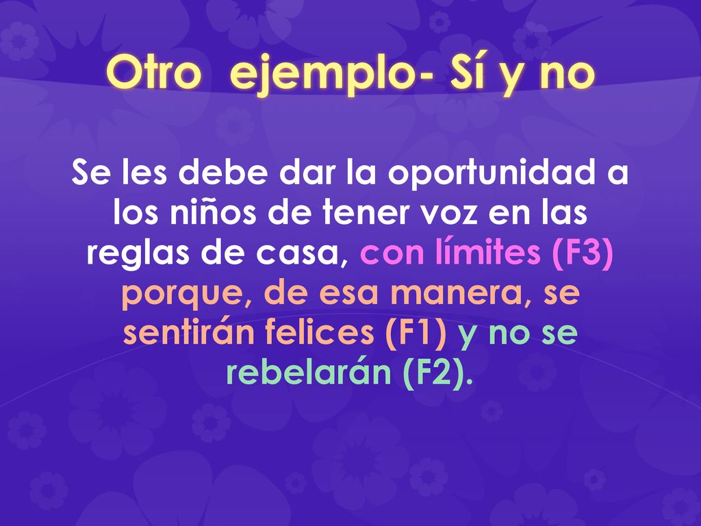 Otro ejemplo- Sí y no Se les debe dar la oportunidad a los niños de tener voz en las reglas de casa, con límites (F3) porque, de esa manera, se sentirán felices (F1) y no se rebelarán (F2).