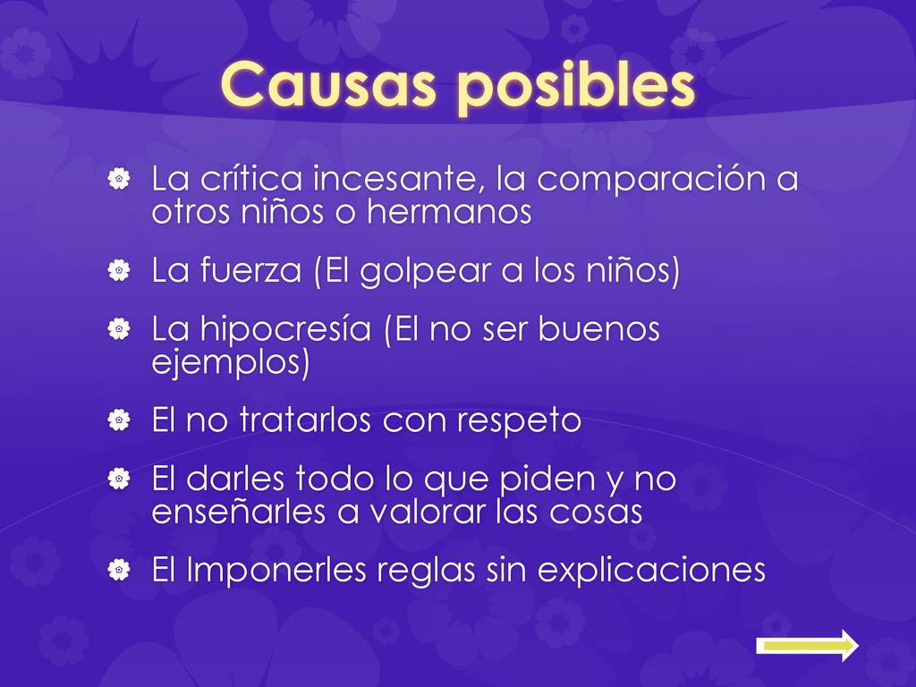 Causas posibles La crítica incesante, la comparación a otros niños o hermanos. La fuerza (El golpear a los niños)
