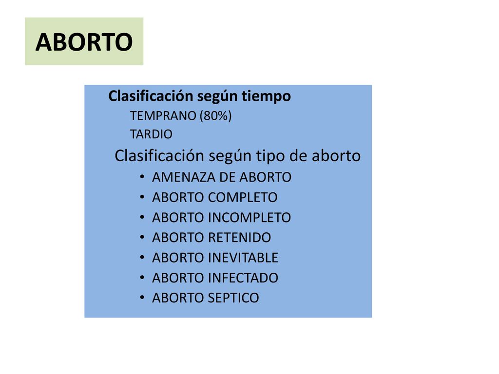 ABORTO Clasificación según tipo de aborto Clasificación según tiempo