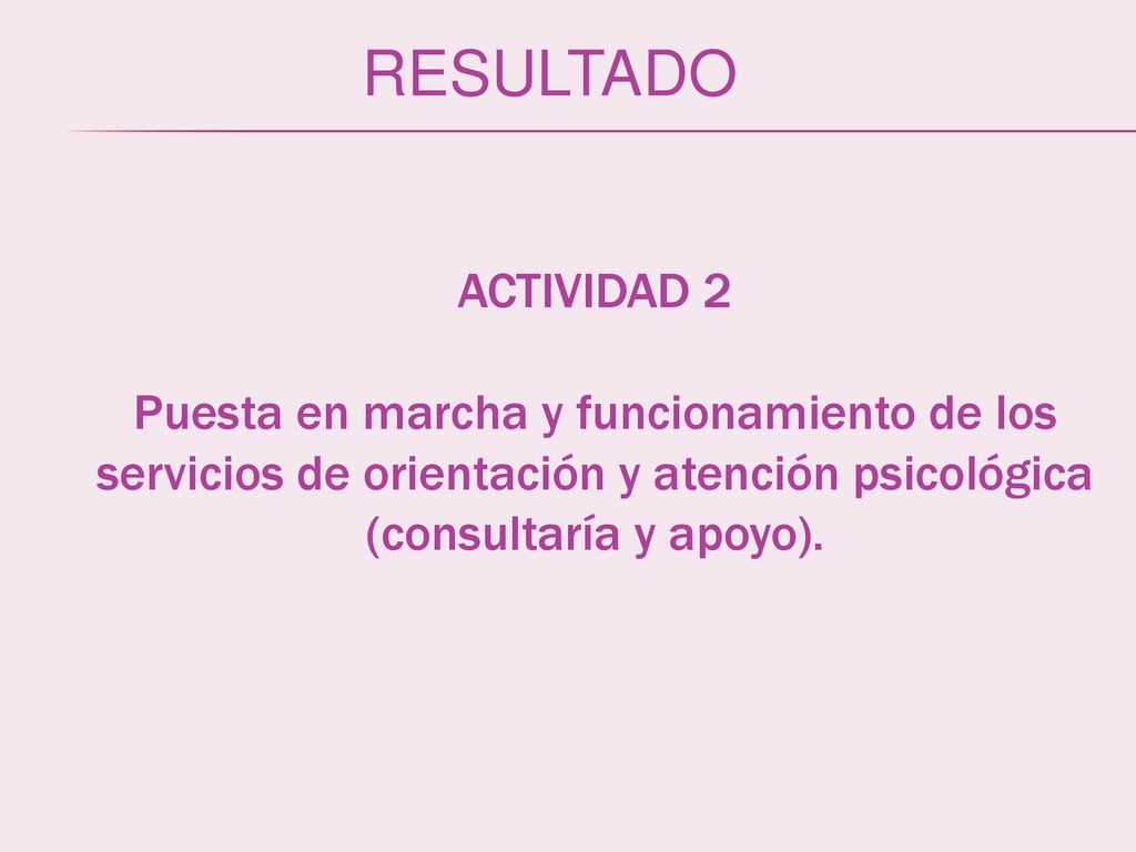 RESULTADO ACTIVIDAD 2 Puesta en marcha y funcionamiento de los servicios de orientación y atención psicológica (consultaría y apoyo).