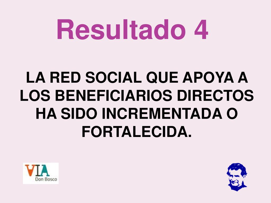Resultado 4 LA RED SOCIAL QUE APOYA A LOS BENEFICIARIOS DIRECTOS HA SIDO INCREMENTADA O FORTALECIDA.